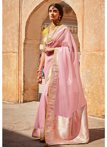 Desirable Looking Zari Woven Banarasi Silk Saree With Pink Color